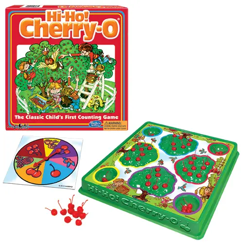 Hi Ho Cherry O Board Game. A classic child's counting game for over 50 years! Children develop and practice math skills like counting, addition and subtraction by picking fruit from their trees to fill their buckets. Ho-Ho and away we go!