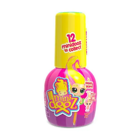 Spin the nail polish bottle to find the all new Minidooz! There are 12 adorable tiny dooz to collect, each frooty scented and posing in her salon chair, ready for you to style her hair! Put her on a pencil top or attach the included suction cup and stick her everywhere! Look out for the Cheeky Marks nail sticker sheet too!