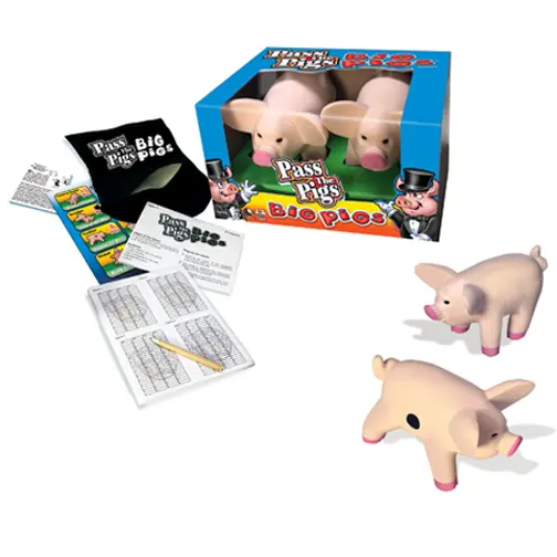 Pass The Pigs: Big Pigs. OBJECT OF THE GAME: Be the first player to score 100 points and win the game! LANDING TRICKY POSES: Once you get comfortable tossing Big Pigs you will discover that throwing them in different ways helps achieve trickier poses. DON&rsquo;T GET PIGGISH! Roll both big pigs as many times as you dare, scoring for each landed pose. Don&rsquo;t get piggish or run the risk of rolling the pig-dastardly Oinker and having your score wiped out!