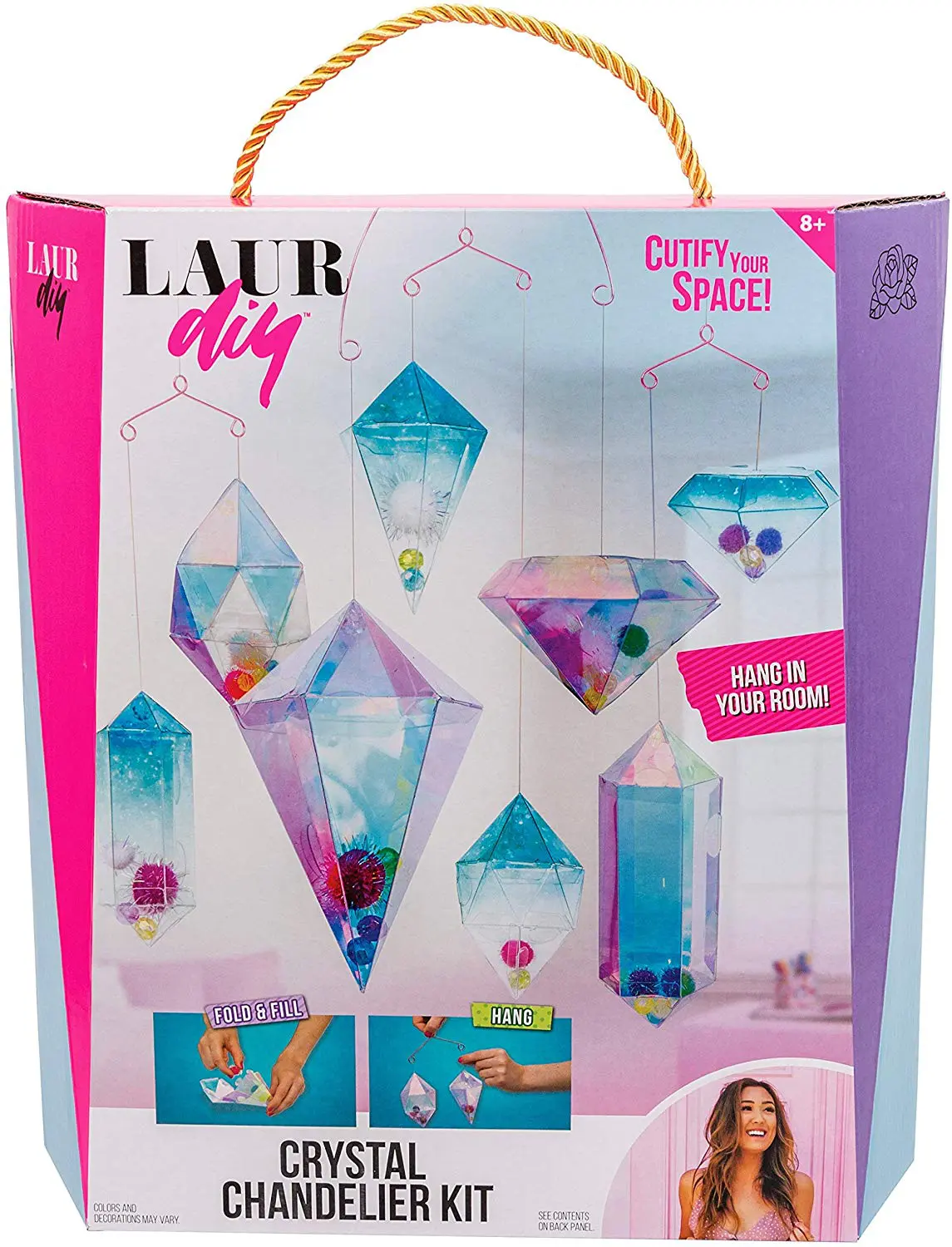Rose Art LaurDIY Crystal Chandelier Kit Introducing LaurDIY craft kits inspired by Lauren riihimaki's crafty tutorials, life hacks, and room decor ideas on YouTube. Now you can bring her style home with the LaurDIY crystal chandelier kit! At-home designers fold eight shapes to construct the hanging &ldquo;crystals&rdquo;, decorate them with pom poms and beads, then connect the crystals to form an incredible, iridescent, chandelier. This comprehensive kit includes 8 crystal shapes, 5 hangers, 40 pom poms, 32 iridescent beads, nylon string, a clip and connecting link, and an easy-to-follow guide with step-by-step instructions and images.