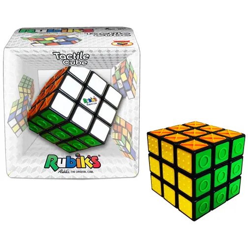 Rubik's Tactile Cube. This 3x3x3 Rubik&rsquo;s Cube has been enhanced with embossed shapes! By adding shapes to the colored sides of the cube, the Rubik&rsquo;s Tactile Cube is now playable (and solvable!) with your eyes closed!