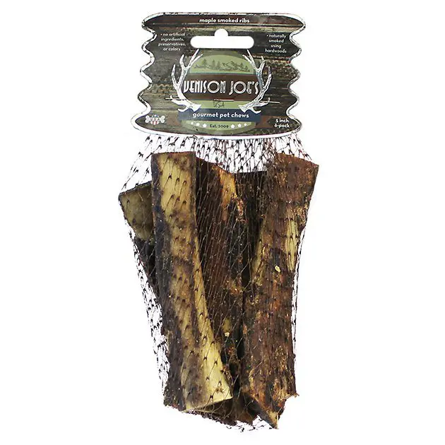 Venison Joe's HIckory Smoked Bones. Give your pooch the long-lasting chew he craves with the Venison Joe's Hickory Maple Smoked 5" Beef Rib Dog Treat. Designed to be gradually worn down, this 100% all-natural beef rib provides plenty of chewing time to satisfy your dog&rsquo;s gnawing instincts.