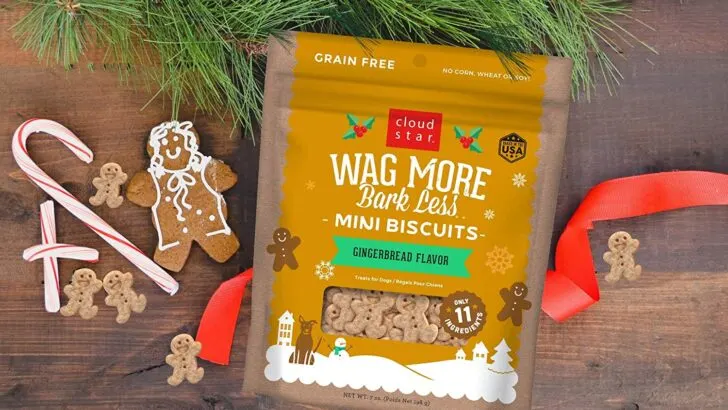 Wag More Bark Less Mini Biscuits Gingerbread. Treat your pup with a holiday Flavor so they know it's the season to wag more and bark less. Geat for both small and large dogs with fun cloud and Star shapes. No grains, corn, wheat, soy, artificial colors or flavors!