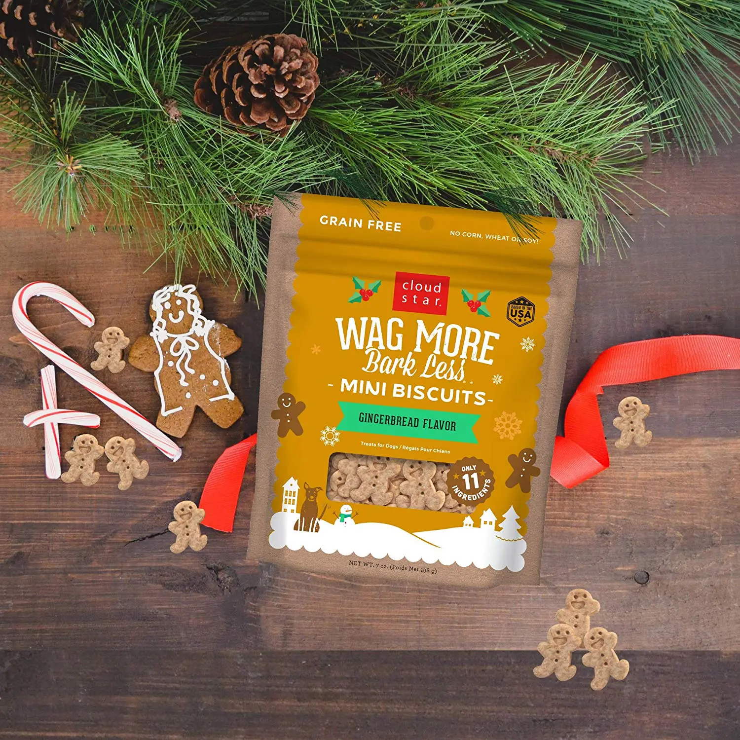 Wag More Bark Less Mini Biscuits Gingerbread. Treat your pup with a holiday Flavor so they know it's the season to wag more and bark less. Geat for both small and large dogs with fun cloud and Star shapes. No grains, corn, wheat, soy, artificial colors or flavors!