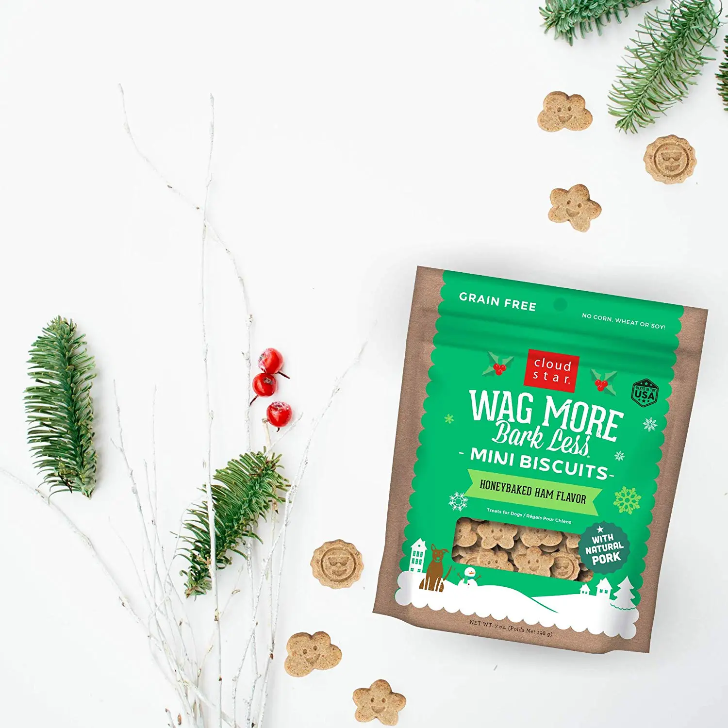 Wag More Bark Less Mini Biscuits Honeybaked Ham. Treat your pup with a holiday Flavor so they know it's the season to wag more and bark less. Geat for both small and large dogs with fun cloud and Star shapes. No grains, corn, wheat, soy, artificial colors or flavors! Include these holiday treats in your dog's stocking as a STUFFER or in a gift bag. This season, give the gift of joy.