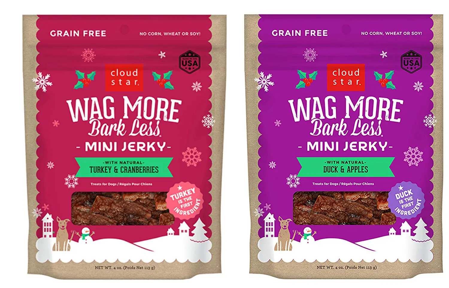 Cloud Star Wag More Bark Less Holiday Mini Jerky Treats for Dogs in 2 Flavors: (1) Turkey & Cranberries and (1) Duck & Apples (2 Bags Total, 4 Ounces Each) Plus Silicone Can Cover. Delicious Meat & Fruit Combinations No Grain, Gluten Corn, Soy or Artificial Flavors and Colors Made in the USA Mini-Sized, Great for All Dogs.