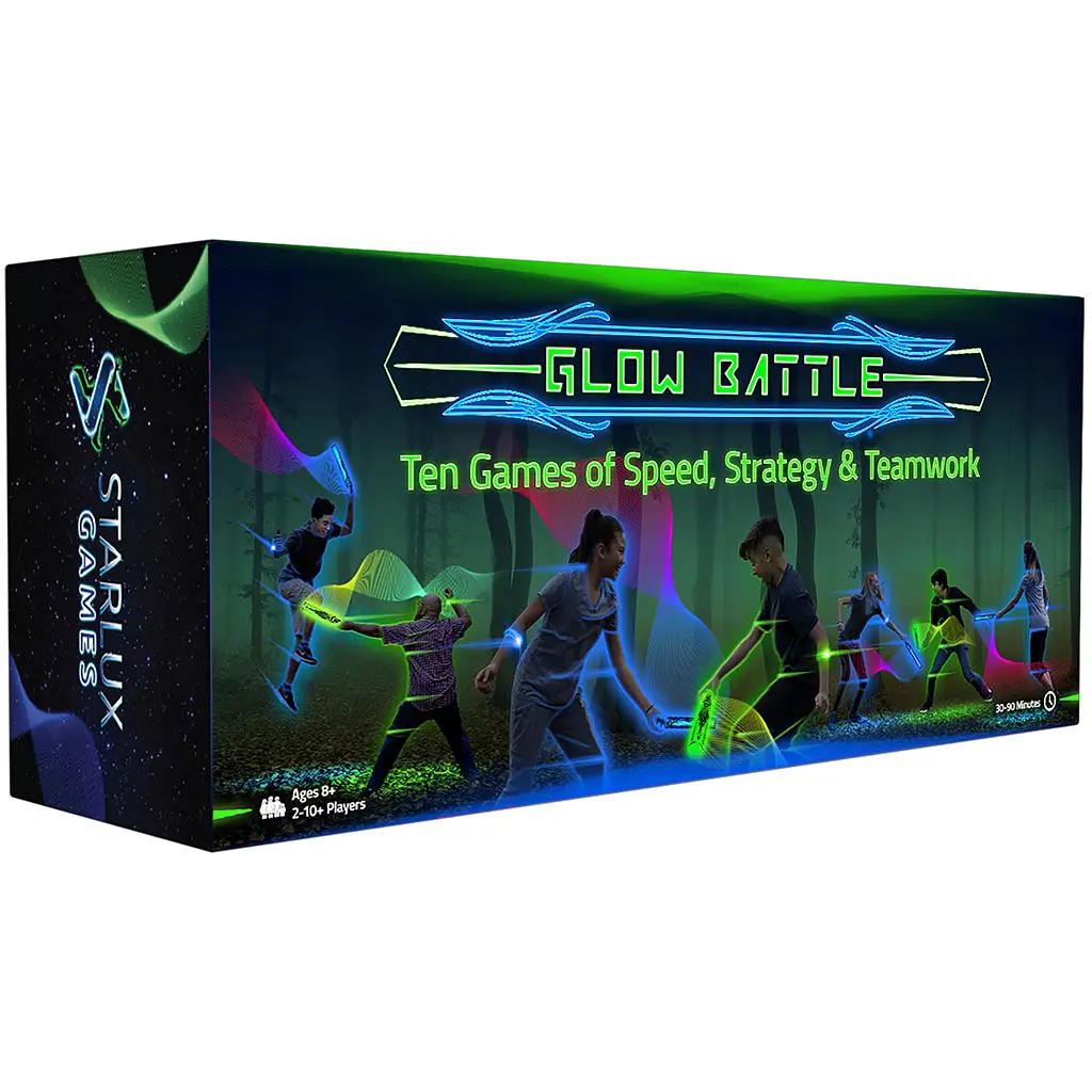 Starlux Games Glow Battle. Use glowing foam swords to battle friends, foes and family. With twenty eight glowing game pieces, the kit is designed for playing 10 organized games such as Gladiators, Knights of Old, Vampires and more!