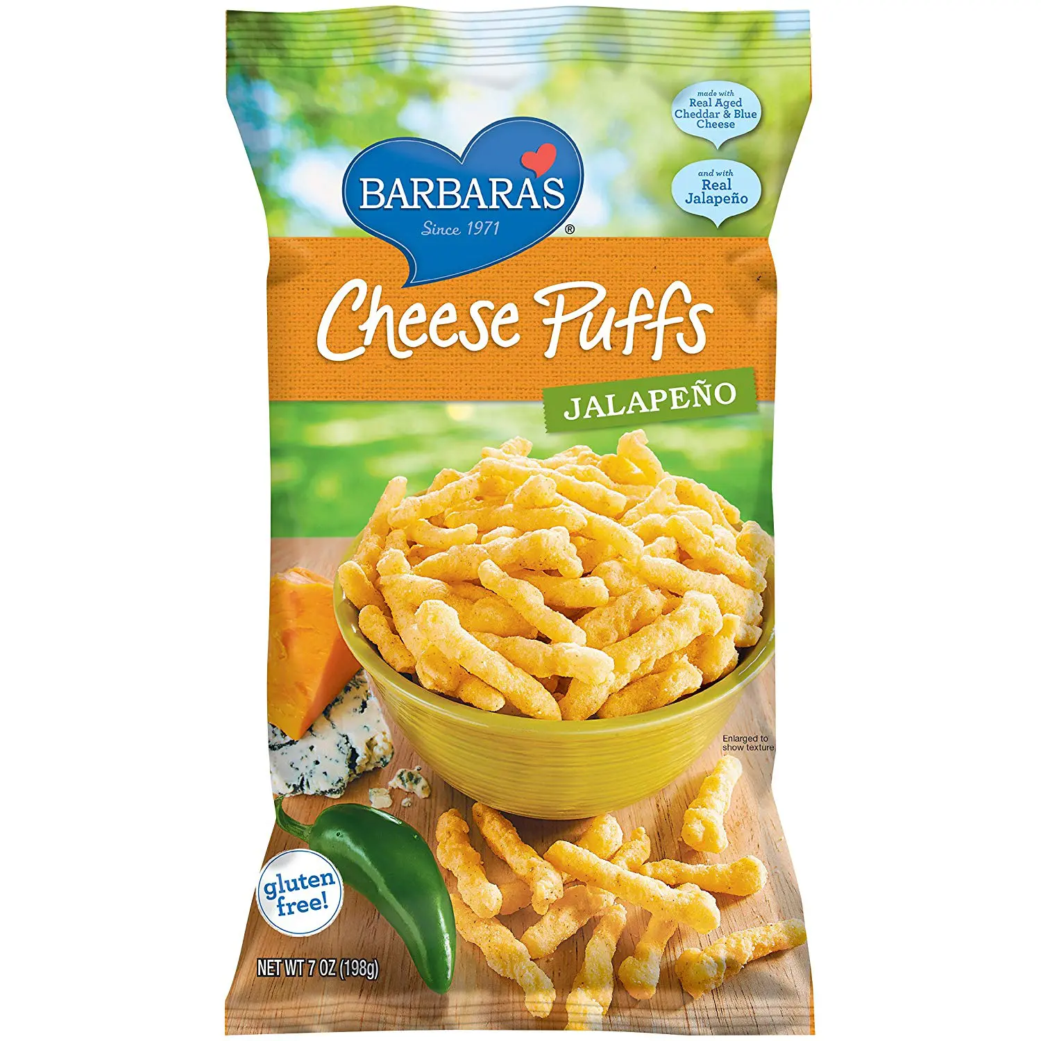 Barabra's Cheese Puffs Jalapeno. These irresistible and light as air gluten-free cheese puffs are the perfect sidekick to any kids holiday party table &ndash; made with real cheeses and Non-GMO stone-ground corn, and no hydrogenated oils or synthetic growth hormones.