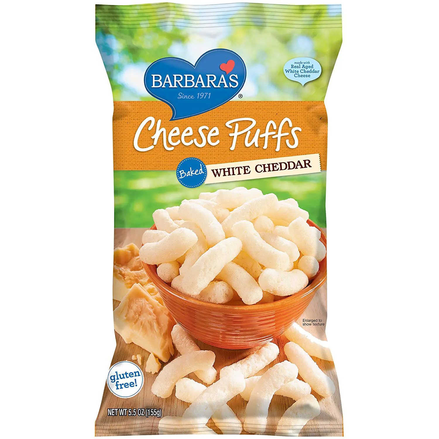 Barbara's Cheese Puffs Baked White Cheddar. These irresistible and light as air gluten-free cheese puffs are theperfect sidekick to any kids holiday party table &ndash; made with real cheeses and Non-GMO stone-ground corn, and no hydrogenated oils or synthetic growth hormones.