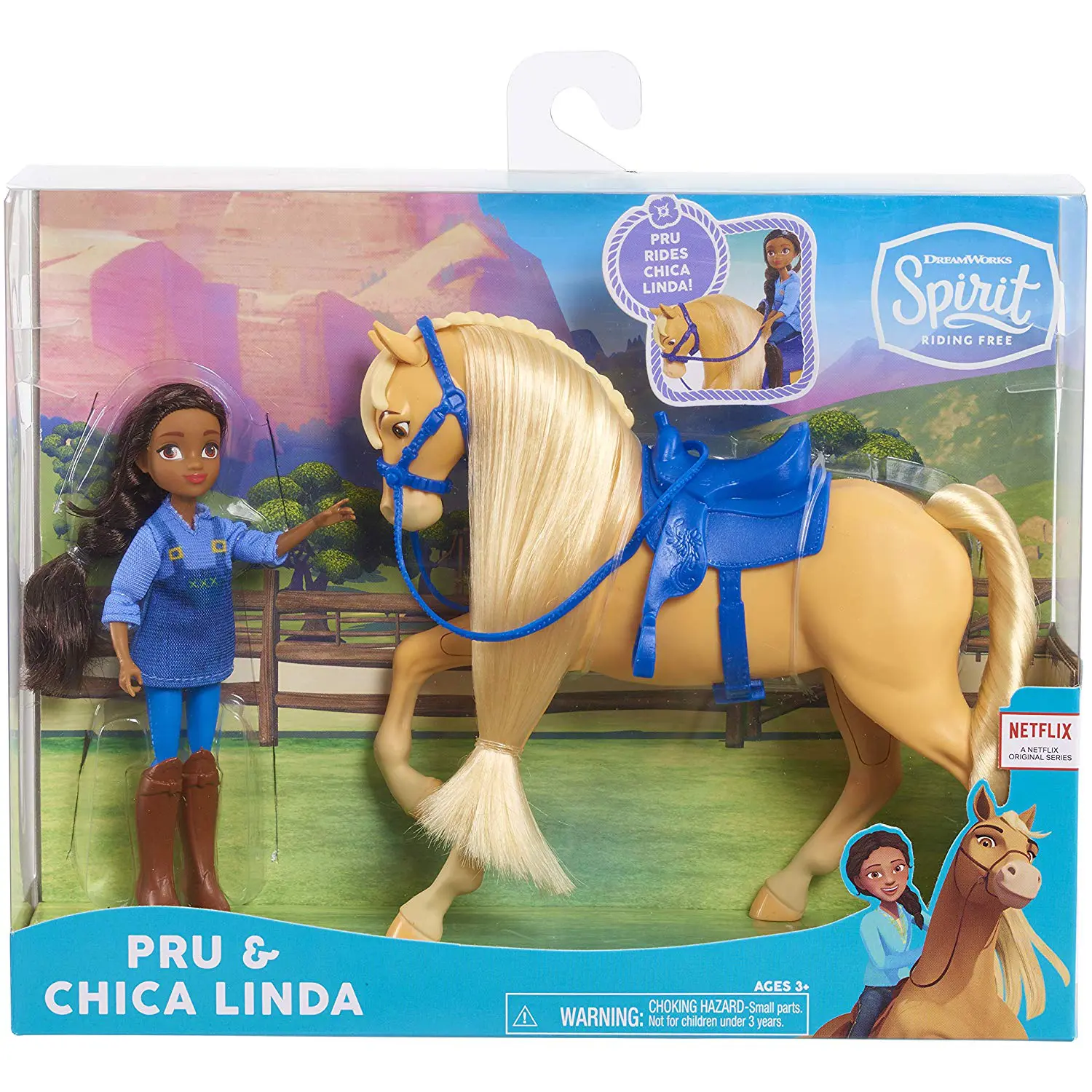 DreamWorks Spirit Riding Free Collector Doll & Horse PRU & Chica Linda. Relive the adventures of Lucky, spirit, and all their friends from the DreamWorks Animation television series, spirit riding free! This doll and horse set is a perfect start to a new Horse collection. Each girl stands 5&rdquo; tall and is accompanied by her horse companion.