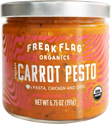 Freak Flag Carrot Pesto.We&rsquo;re into ultra-organic foods. Extra-amazing flavors. And positive people who can&rsquo;t resist any chance to make, cook and create. Freak Flag Organics exists so that cooking can be a revelatory experience. V is for victory.