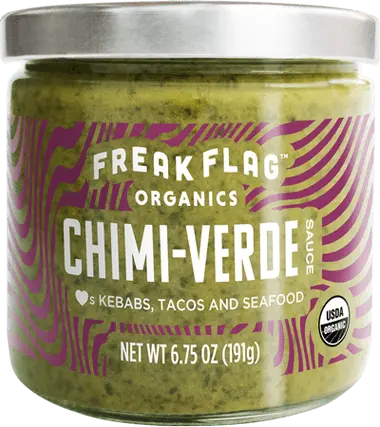 Freak Flag Chimi-Verde. True freaks of nature, with organic ingredients and globally inspired flavors. Basil and cilantro and jalape&ntilde;o, oh my. Hailing from Argentinian and Mexican roots, with a kick of garlic for good measure.