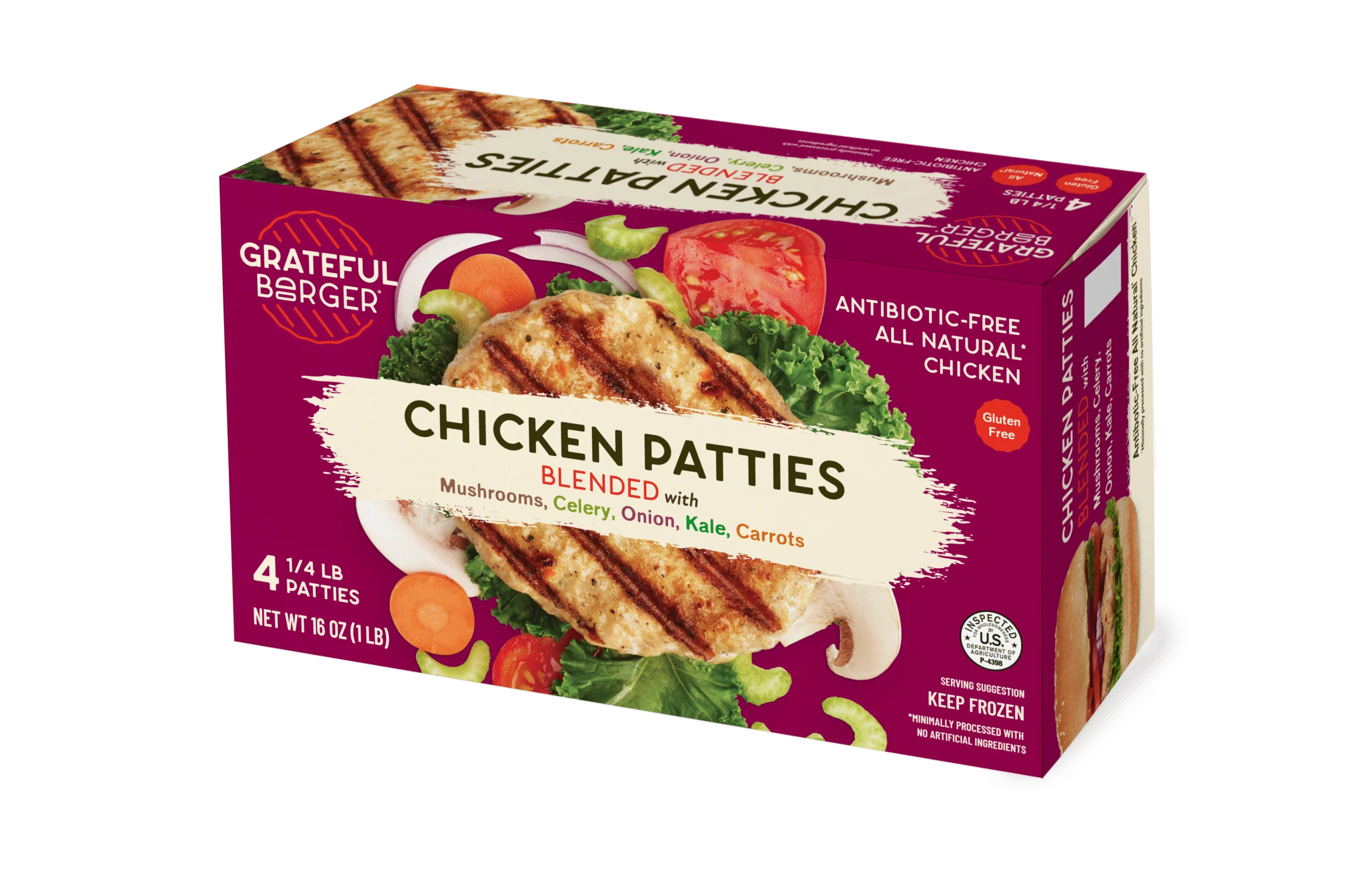 Grateful Burger Chicken Blended. Made with all natural, antibiotic free chicken blended with mushrooms, celery, onion, kale and carrots. The Grateful Burger company creating DELICIOUS, REAL FOOD that puts people and planet first.