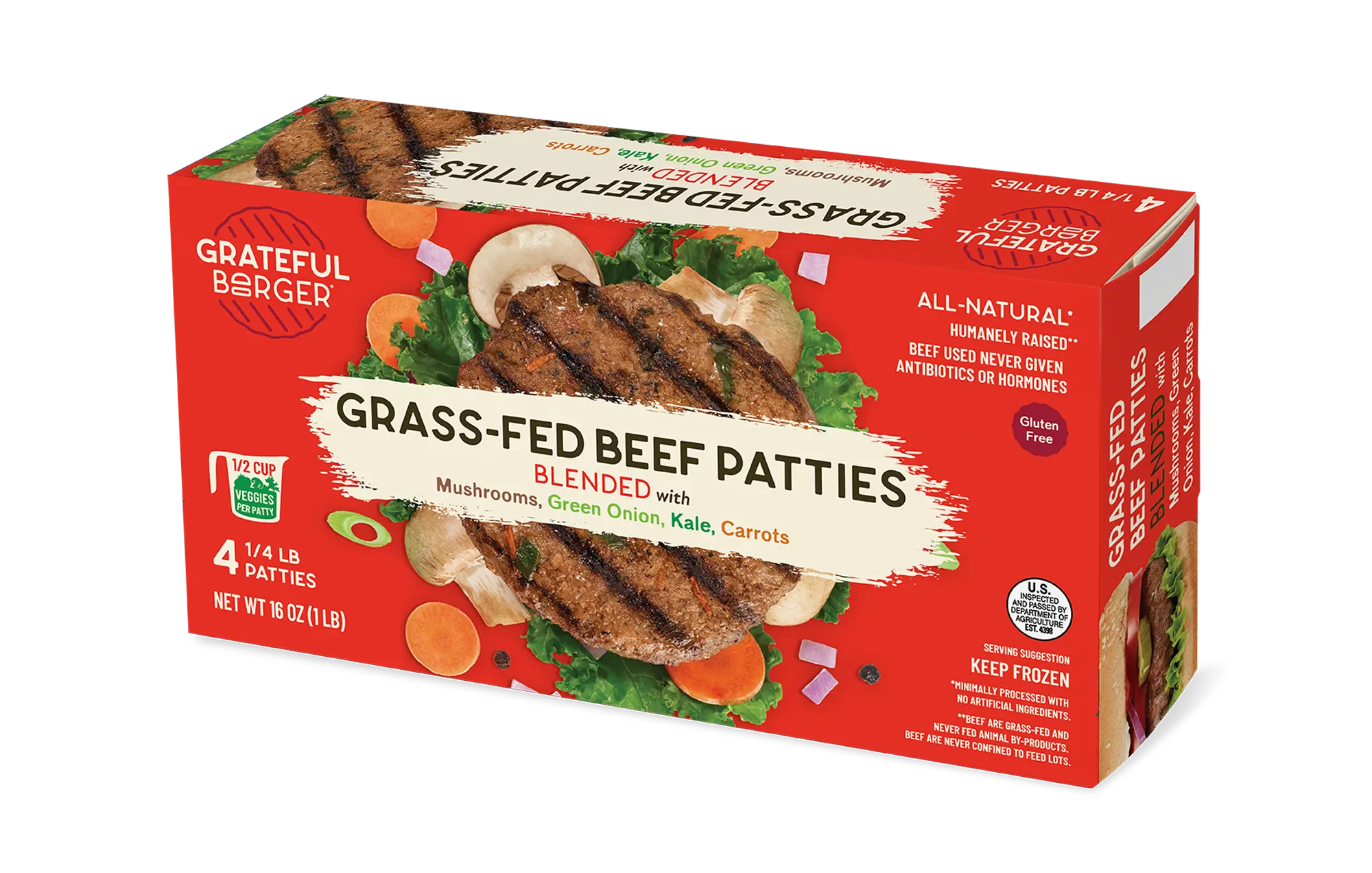 Grateful Burger Grassfed Beef Patties Blended. Made with antibiotic free, humanely raised grass-fed angus beef blended with mushrooms, green onion, carrots and kale! There is 1/2 Cup of Veggies in Every Patty!