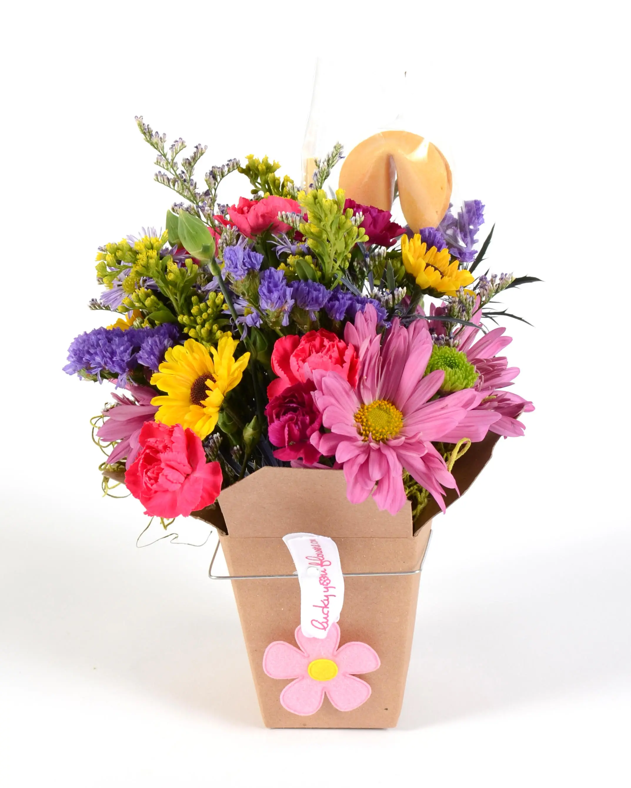 Lucky You Flowers. Each Lucky You is sent along with a personalized fortune cookie message and gift wrapped in a beautiful organza bag!
