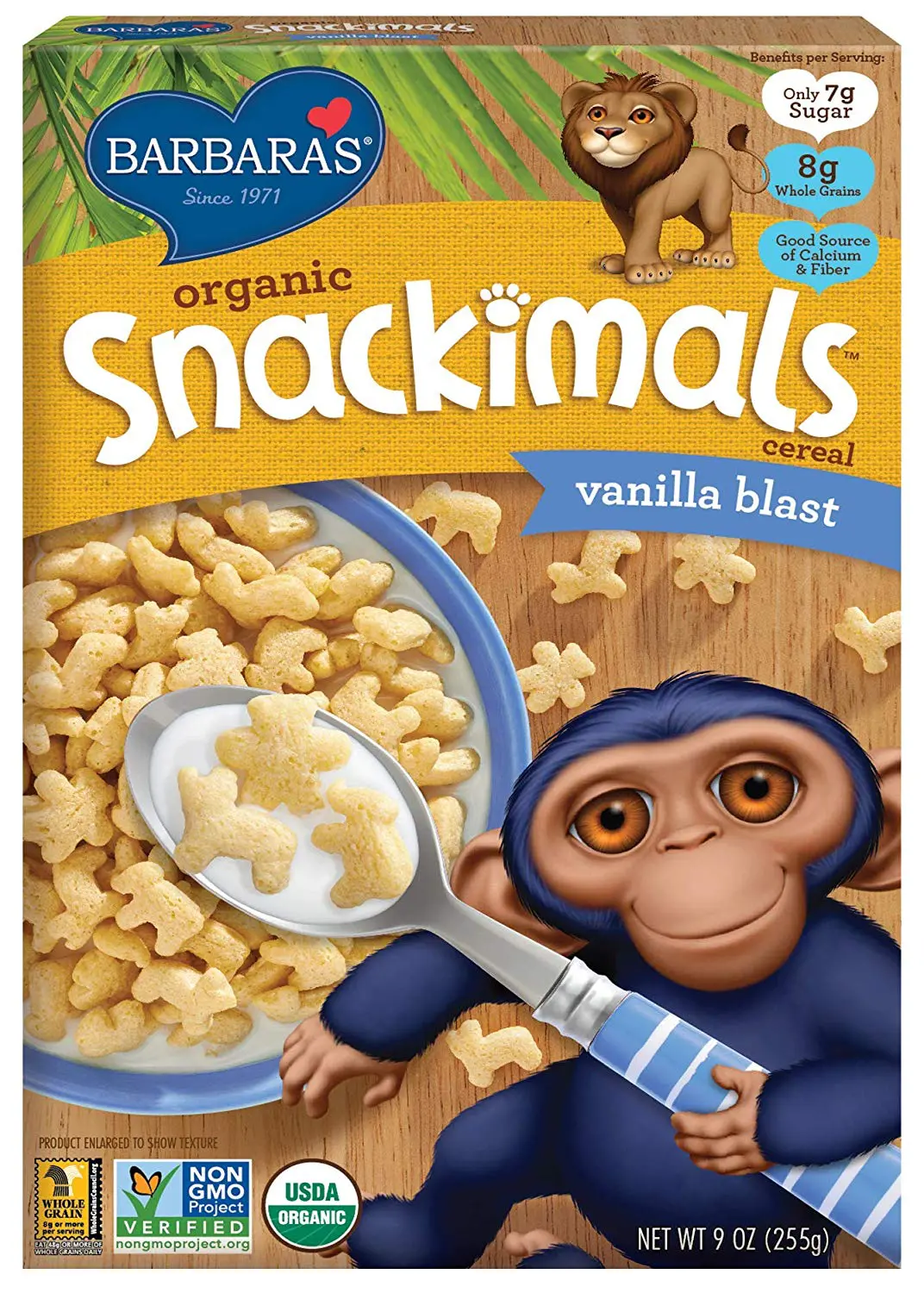 Snackimals Vanilla Blast Cereal. All kids will love munching on this lightly sweetened, USDA Organic and Non-GMO Project Verified crunchy cereal with fun animal shapes, including lions, elephants and panda bears! Perfect for kids&rsquo; stockings to enjoy immediately!
