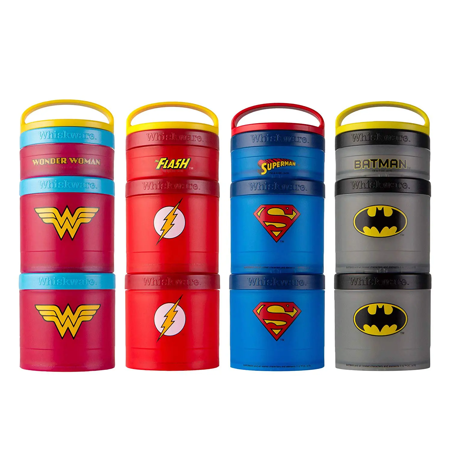 Whiskware Justice League Stackable Snack Pack. Emblazoned with officially licensed DC Comics logos, Whiskware Stackable Snack Packs get a superhero makeover! Justice League favorites Batman, Superman, Wonder Woman, and The Flash are represented with retro logos on versatile, stackable containers&mdash;perfect for on-the-go snacking.