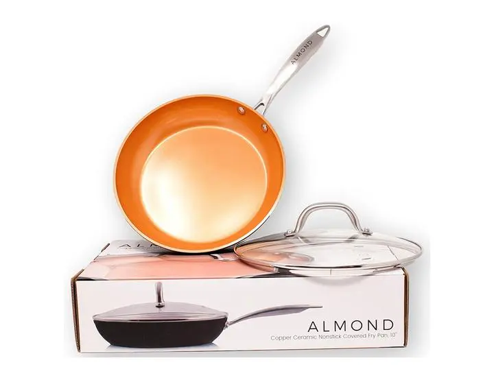 Almond Home 10 Inch Nonstick Copper Ceramic Frying Pan. Easily create delicious eggs, omelets, and recipes with Almond's exquisitely designed nonstick copper pans; oven safe to 420 F, you can cook evenly without food sticking. 2020 Valentine's Day Gift Guide from Jays Sweet N Sour Life Blog.