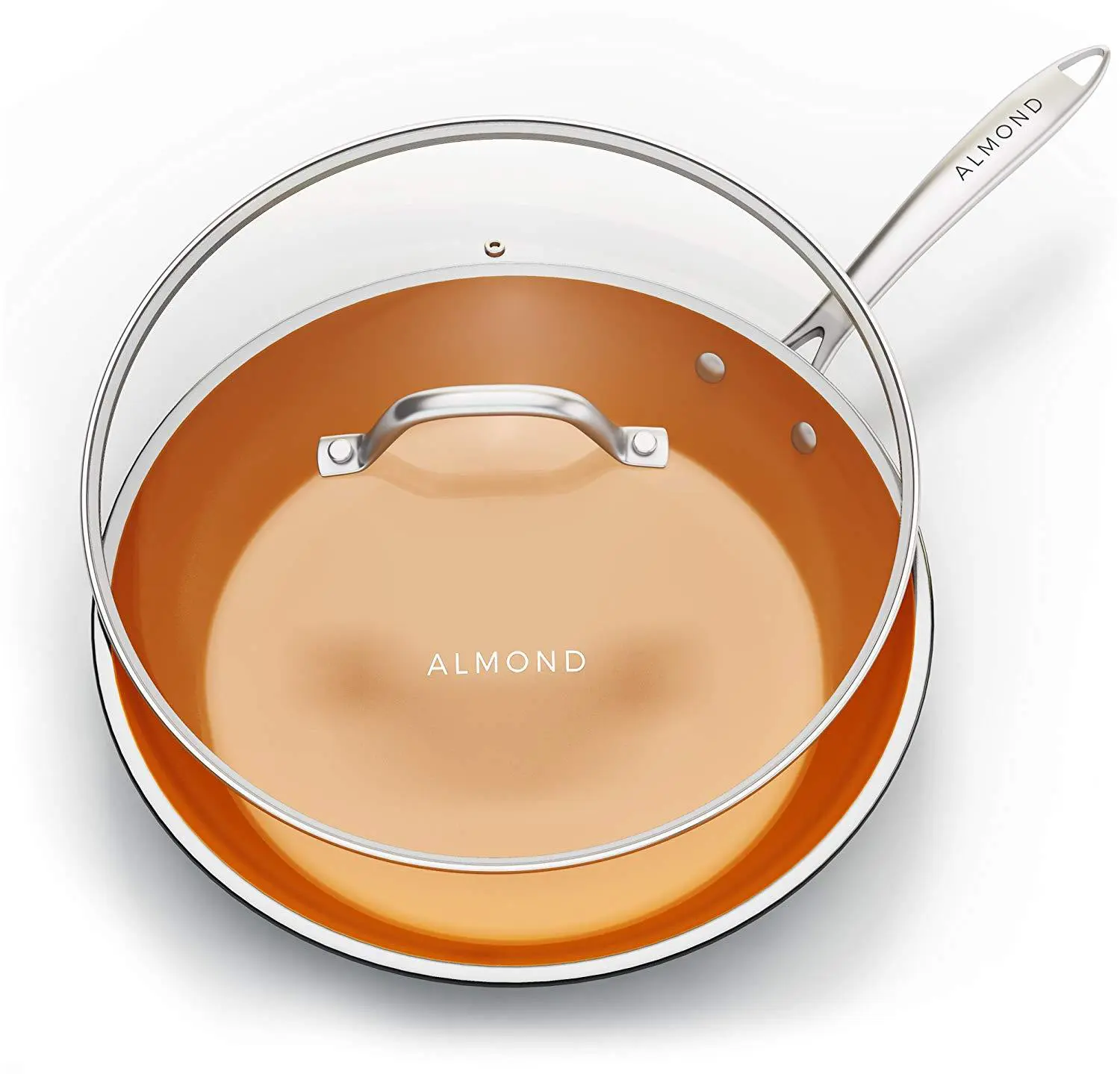 Almond Home 12 Inch Nonstick Copper Ceramic Frying Pan. Almond's ceramic nonstick coating is rigorously tested to make sure it is durable and reliable. The nonstick surface is also very slick, so food releases easily and doesn't stick while cooking. 2020 Valentine's Day Gift Guide from Jays Sweet N Sour Life Blog.