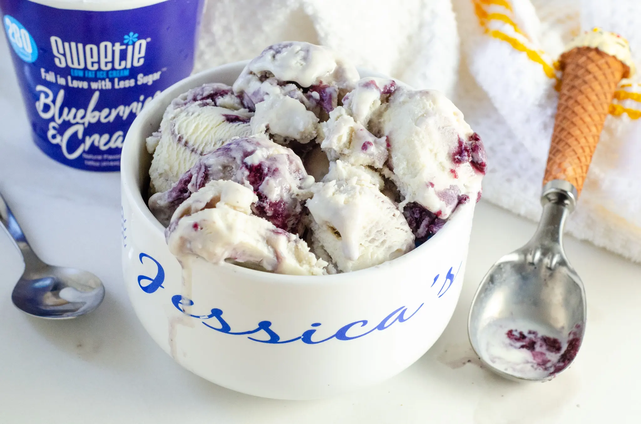 Sweetie Blueberry and Cream in Bowl. Sweetie&reg; Ice cream boasts a wonderful ingredient called DOLCIA PRIMA Allulose, a non-artificial sweetening ingredient that has no unpleasant aftertaste, and provides all the taste, texture, and functionality of sugar with 90% fewer calories!