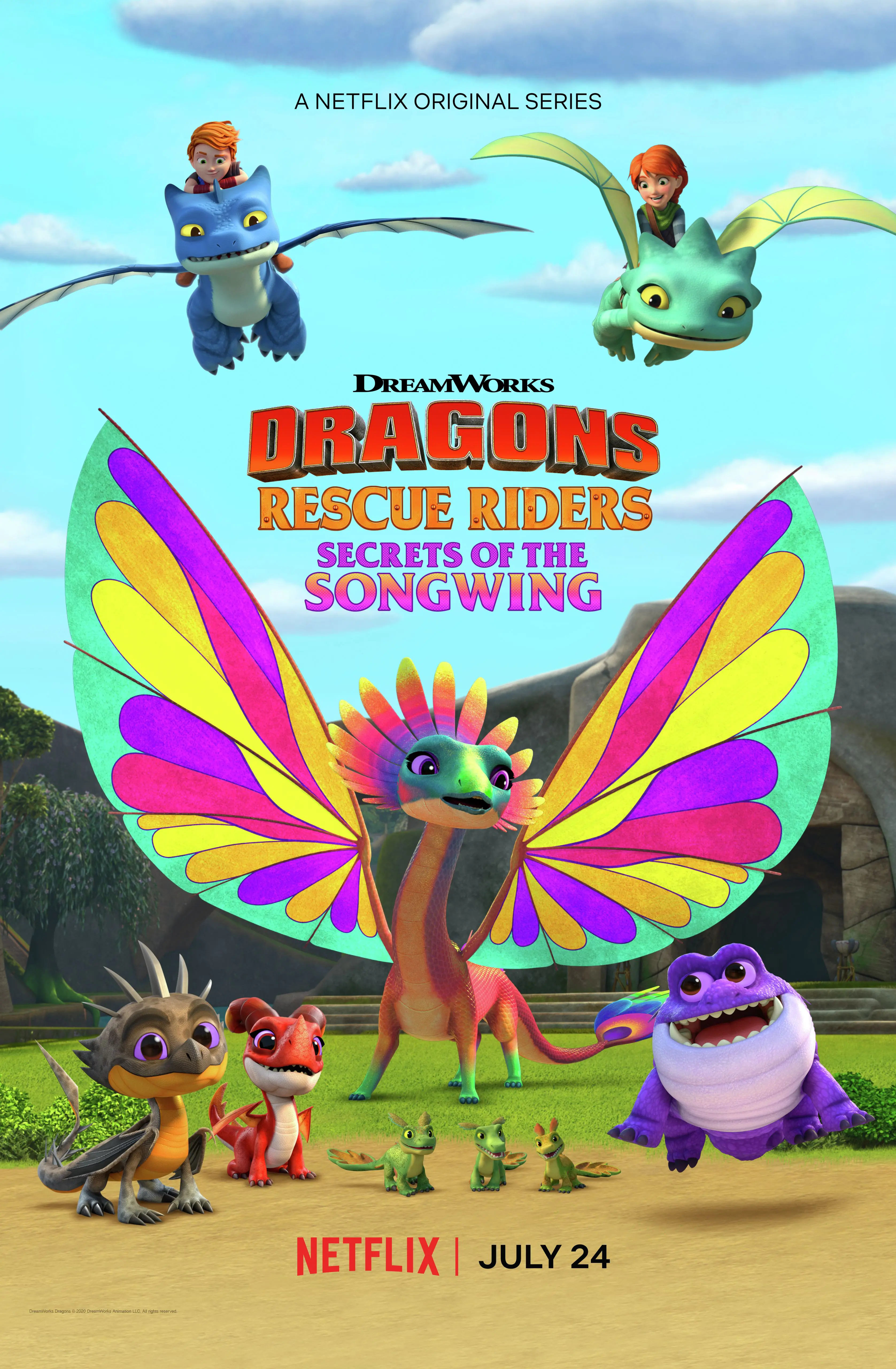 The Rescue Riders race to save Aggro after she falls under the spell of Melodia, a Songwing dragon with a melodic call that enchants anyone who hears it! Will the Rescue Riders find a way to break her spell? Find out in Dragons Rescue Riders: Secrets of the Songwing, on Netflix July 24th!