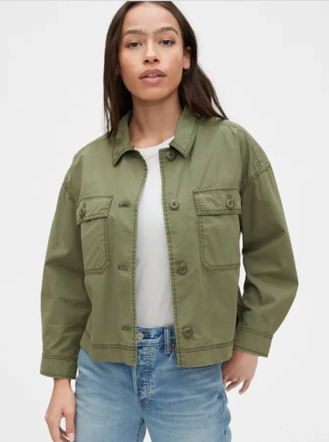 GAP Fall Faves Cropped Utility Jacket. A girl can't have too many jackets! This&nbsp;Cropped Utility Jacket will complete your look for this upcoming fall season. Give your ordinary outfit into a statement piece with this cute jacket. Pair it with your favorite fall dress or with your favorite pair of jeans and a fall-themed t-shirt.