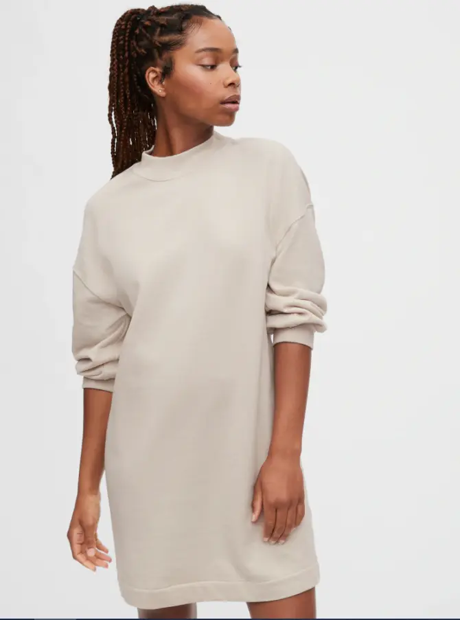 GAP Fall Faves Fleece Crewneck T-Shirt Dress. The Fleece Crewneck T-Shirt Dress offers a french terry knit material with long sleeves and band collar. Dress it up for a night out on the town with some heels, or keep it casual and pair it with sneakers. This versatile dress is perfect for any occasion.