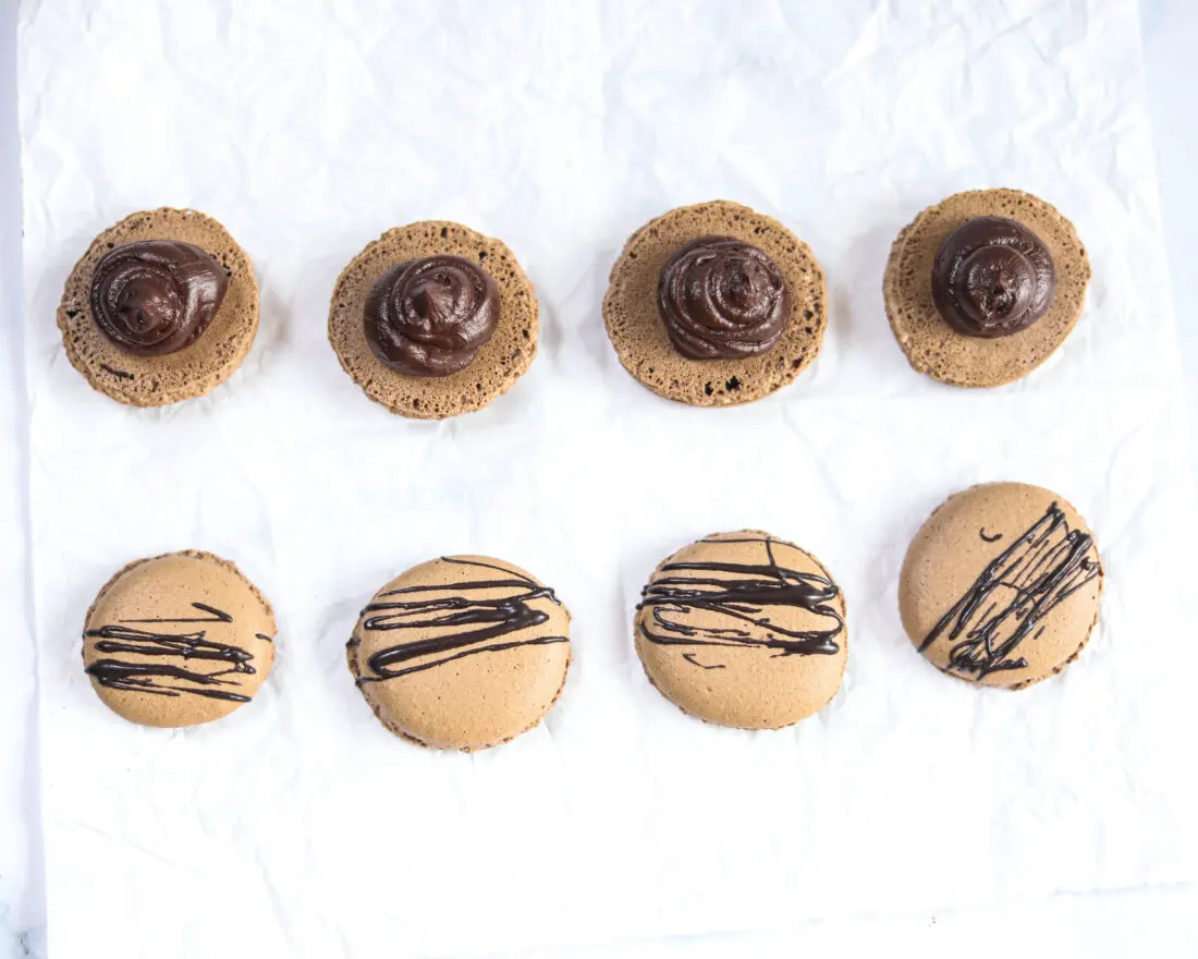 Chocolate Macarons with Salted Caramel Filling Being Filled. These Chocolate Macarons with Salted Caramel Filling are a delight, so soft and full of flavor. Perfect for entertaining as well as sweet treat gifts to loved ones during the holidays.&nbsp;