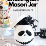 Jack Skellington Mason Jar Craft. This Jack Skellington Mason Jar Halloween Craft is the perfect way to creep your way into the Halloween season. Fill it with your favorite candies and treats, it's the perfect Halloween Craft that you can keep or gift.
