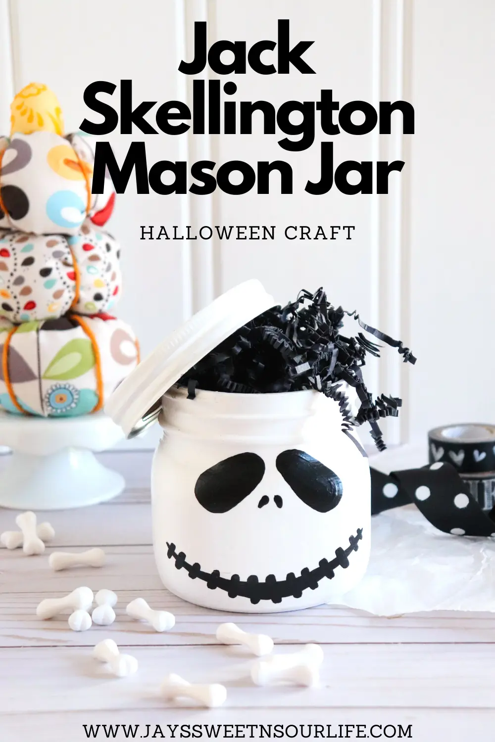 Jack Skellington Mason Jar Craft. This Jack Skellington Mason Jar Halloween Craft is the perfect way to creep your way into the Halloween season. Fill it with your favorite candies and treats, it's the perfect Halloween Craft that you can keep or gift.