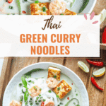These Thai Green Curry Noodles boast a flavorful broth made with coconut milk and fresh ingredients. Fill your bowl with fresh veggies, shrimp, tofu, and rice noodles for a flavorful easy weeknight dinner recipe.