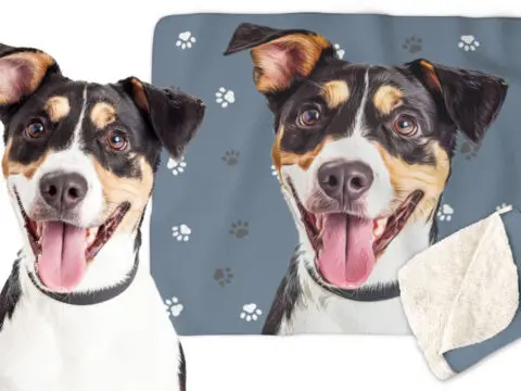 Cuddle Clones Custom pet blankets come in your choice of sizes, 50" x 60" or 60" x 80". Made from 100% polyester featuring an incredibly soft Sherpa fleece backside, a custom pet blanket is fantastic for snuggling on the couch, by the fireplace, or at outdoor events!