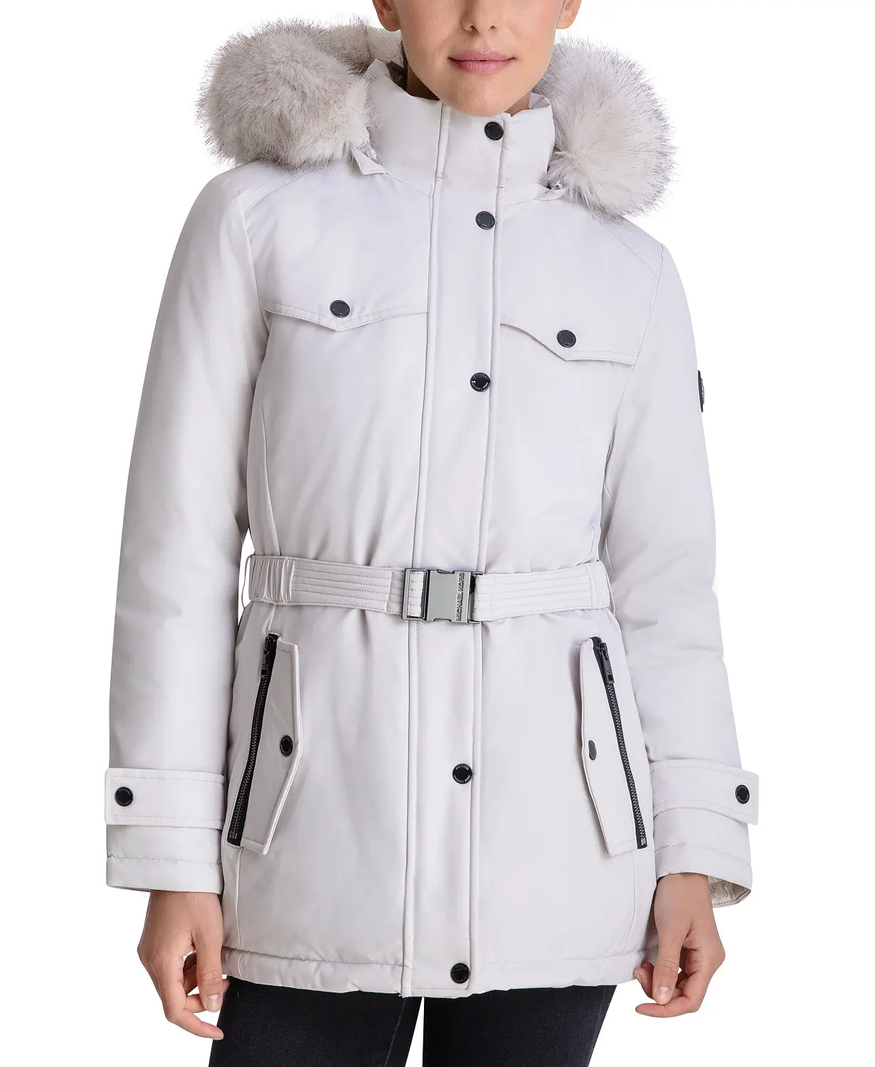 Keep your cold-weather look on point with Michael Michael Kors' belted puffer coat. Face-framing faux-fur trim adds the perfect finishing touch.