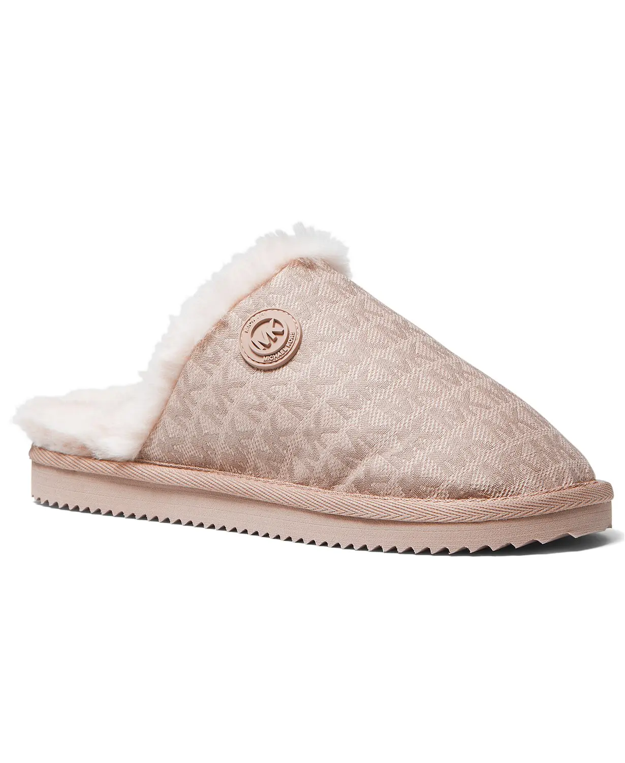 Cozy up indoors or out in the plush faux-fur and fresh textured detailing of the Janis scuff slippers from Michael Michael Kors.