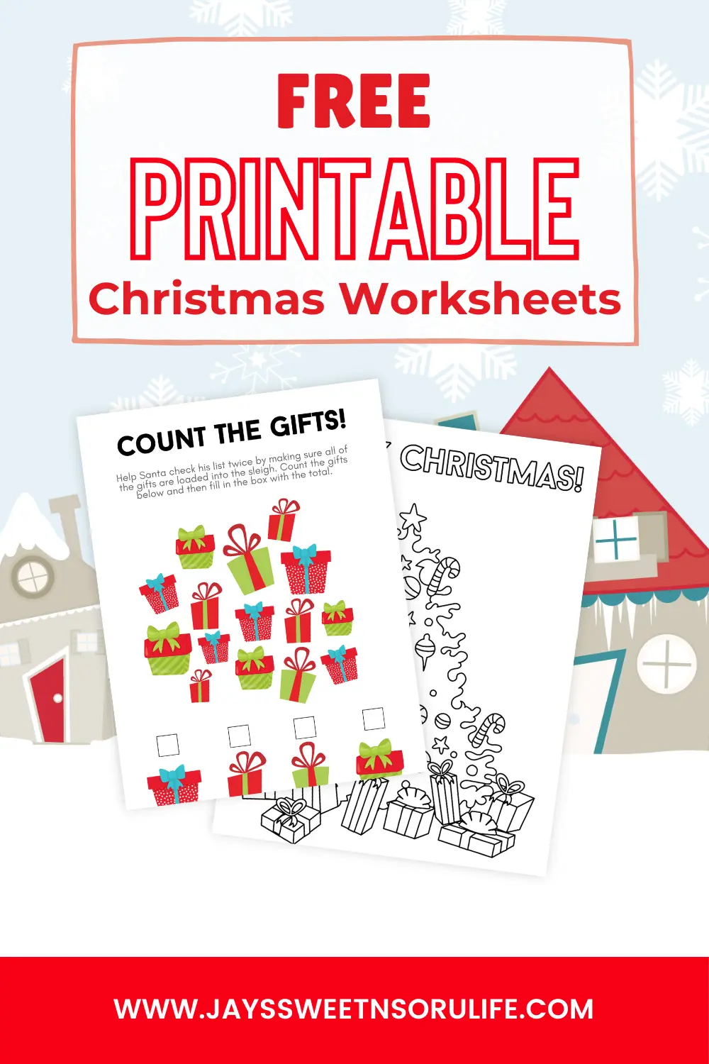 Grab these free printable Christmas worksheets, perfect for classrooms and Christmas parties. These fun Christmas printable worksheets include coloring pages, counting gifts, a Wordsearch, and a crossword puzzle.