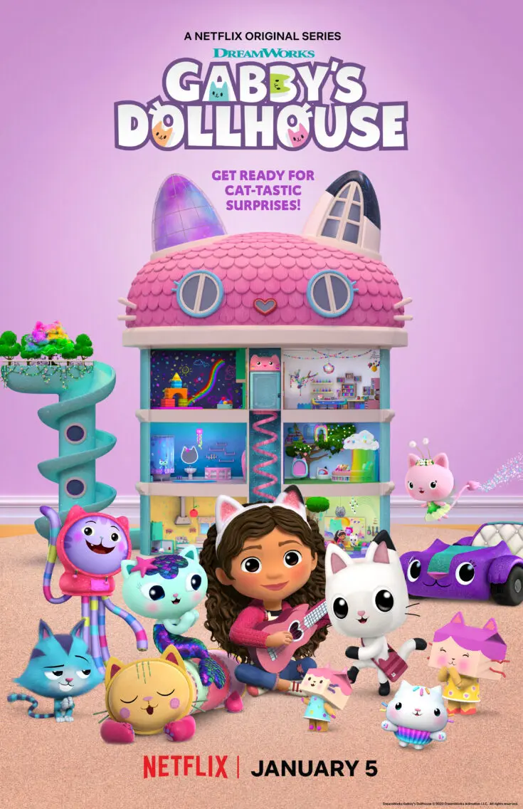 Dreamworks Gabby's Dollhouse. Welcome to&nbsp;Gabby's Dollhouse, the preschool show with a surprise inside! DreamWorks Gabby's Dollhouse&nbsp;unboxes a surprise before jumping into a fantastical animated world full of adorable cat characters that live inside Gabby&rsquo;s dollhouse. Any adventure can unfold when we play in&nbsp;Gabby's Dollhouse! Premiering on Netflix January 5th, 2021.