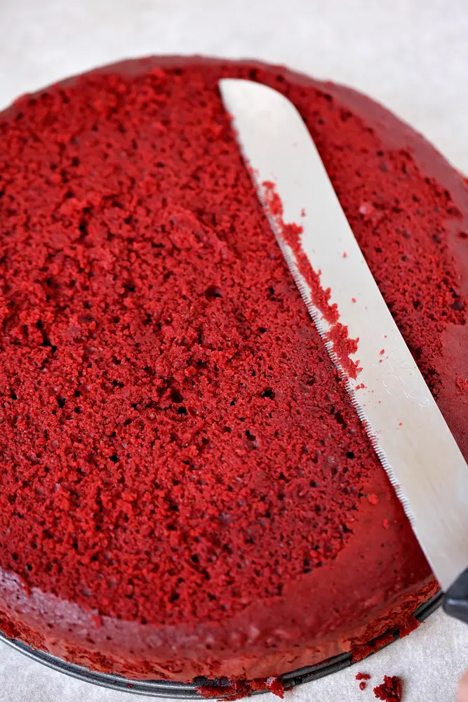 This beautiful 2 layered Red Velvet Cheesecake is made with a moist red velvet cake and a smooth, creamy cheesecake layer on the top. It's as if a cake and cheesecake had a baby, both layers made with love and topped with a cream cheese frosting.