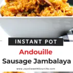 An authentic Instant Pot Andouille Sausage Jambalaya recipe that can be made in 30 minutes! This flavorful easy one-pan jambalaya recipe is made with andouille sausage, bell peppers, onion, celery, and spices. It's an instant family favorite recipe that is perfect for busy nights.