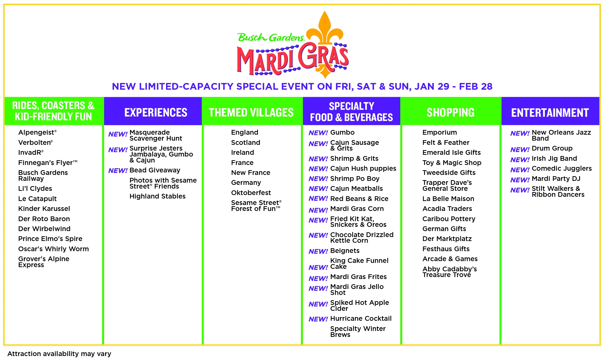 Mardi Gras Chart_Final. Enjoy the new Busch Gardens Williamsburg 2021 special events that offer socially distanced fun and entertainment all year long. Busch Gardens will be the place for all things fun, new, and safe in 2021.