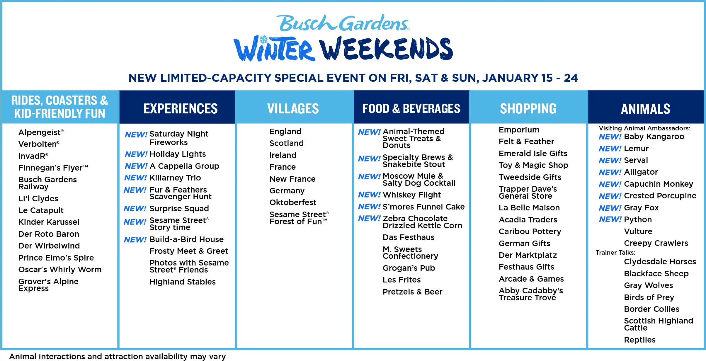 Winter Weekends Chart. Enjoy the new Busch Gardens Williamsburg 2021 special events that offer socially distanced fun and entertainment all year long. Busch Gardens will be the place for all things fun, new, and safe in 2021.
