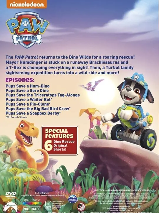 Get ready to return to the Dino Wilds for roaring rescues in the all-new DVD release. PAW Patrol: Dino Rescue Roar to the Rescue. Follow along As the PAW Patrol reunite with their prehistoric pals, they&rsquo;ll help a runaway Brachiosaurus, perform some dino-dentistry, stop a pie-clone, and more.