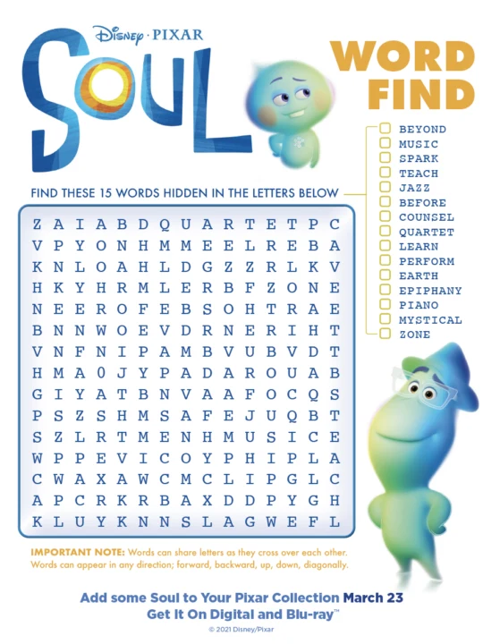 Love the movie Soul? Grab these free Disney Pixar SOUL printable activity pages. Featuring a SOUL-themed coloring page and word find.