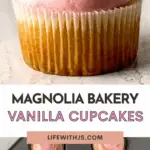Magnolia Bakery Vanilla Cupcakes are super fluffy moist pound cake-like cupcakes, topped with a rich buttercream frosting. It&rsquo;s an easy copycat vanilla cupcake recipe that you don&rsquo;t have to wait in line for, from the famous Magnolia Bakery in NYC.